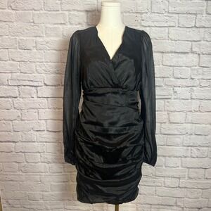 Andrée by Unit Women's Small Black Ruched Mini Dress Sheer Sleeves Chic Party